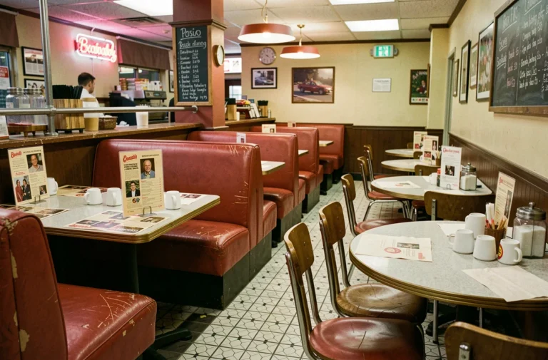 Intérieur rétro d'un restaurant de chaîne française des années 1980 avec banquettes en vinyle rouge et menus plastifiés