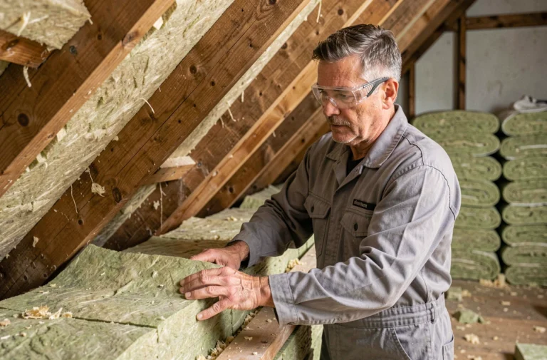 Artisan posant de la laine minérale entre les chevrons d'un grenier lors d'une rénovation thermique
