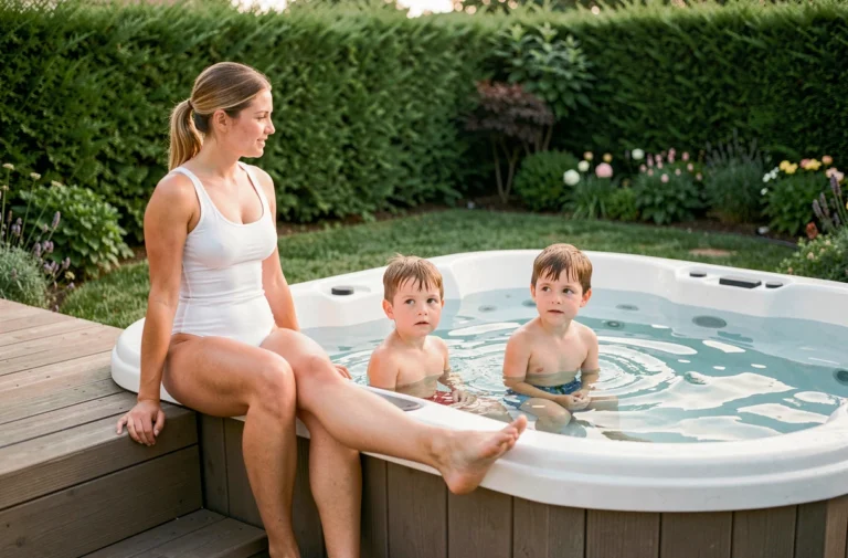 Une mère surveille deux enfants d'environ 8 et 10 ans assis dans un jacuzzi extérieur résidentiel en bois, ambiance jardin sécurisé