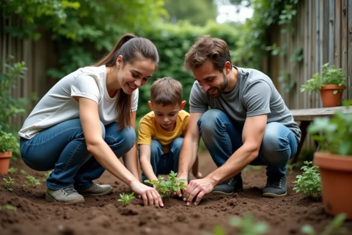 Famille qui jardine ensemble dans un jardin verdoyant, parents et adolescent plantant des semis