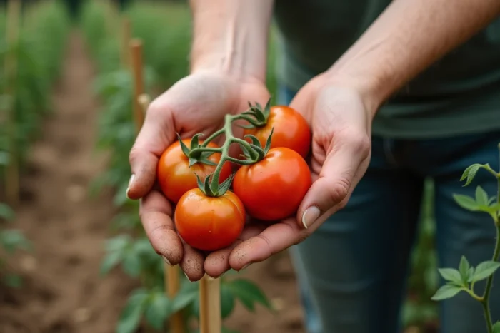 Mains d'un jardinier tenant une branche de tomates à différents stades de maturité dans un potager, certaines présentant une peau épaisse ou craquelée