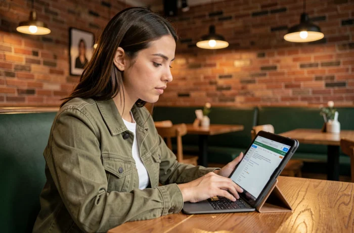 Jeune femme rédigeant un email sur la messagerie Akeonet depuis une tablette dans un café