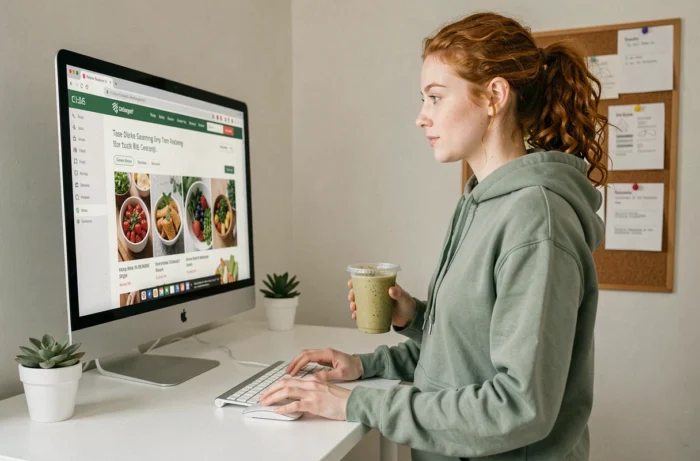 Jeune femme consultant un site de conseils en régimes alimentaires sur un ordinateur de bureau dans un bureau à domicile
