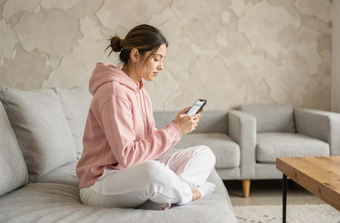 Jeune femme sur un canapé consultant le plan du site Elle Imagine depuis son smartphone