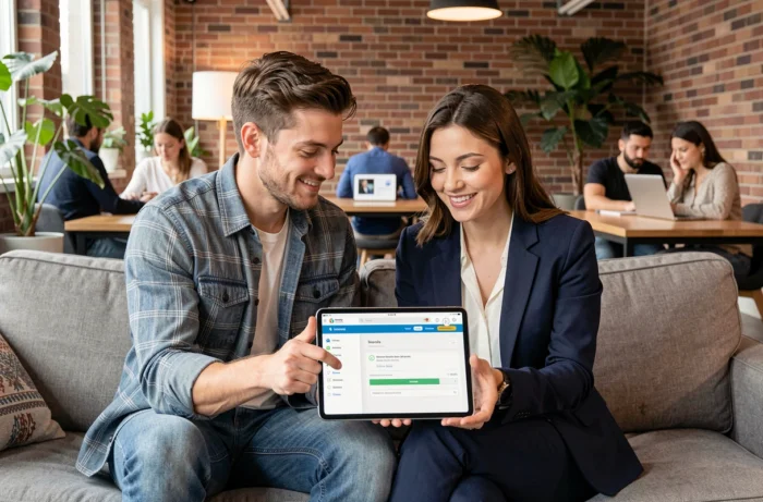 Deux jeunes professionnels consultant une demande de micro crédit en ligne sur une tablette dans un espace de coworking moderne