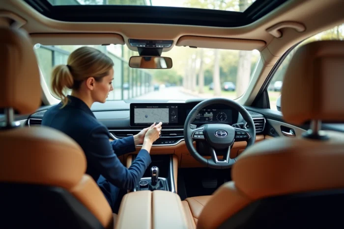 Journaliste automobile assise dans le cockpit d'un SUV high-tech analysant le tableau de bord numérique
