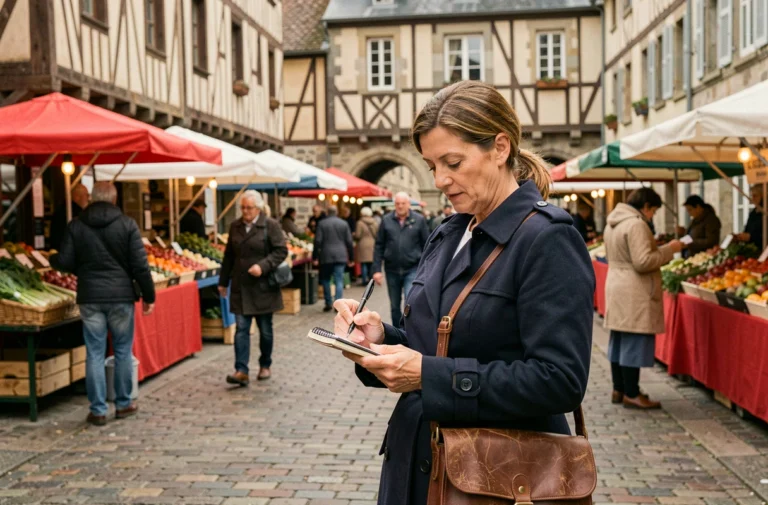 Journaliste prenant des notes devant le marché des Lices à Rennes lors d'un reportage local