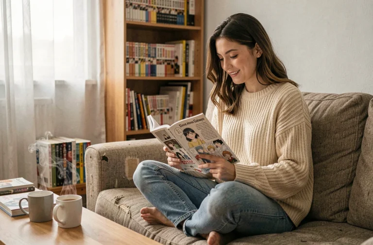 Jeune femme lisant un manga en version française confortablement installée dans son salon entouré de nombreux volumes de manga