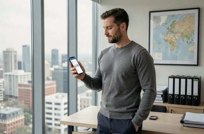 Manager immobilier iad consultant en temps réel les performances de son équipe sur smartphone dans un bureau moderne