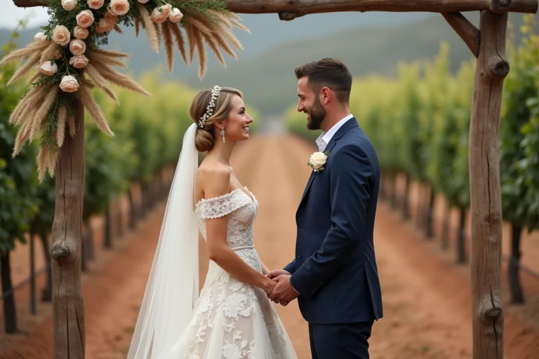 Mariés échangeant leurs vœux sous une arche rustique dans un vignoble, robe en dentelle ivoire et costume bleu marine, atmosphère romantique et naturelle