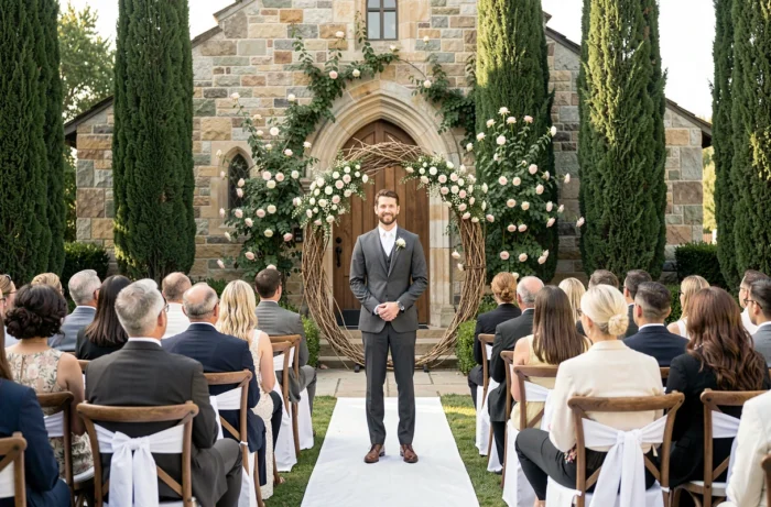 Marié en costume anthracite attendant sa promise au bout de l'allée lors d'une cérémonie de mariage en plein air avec arche florale et chapelle en pierre