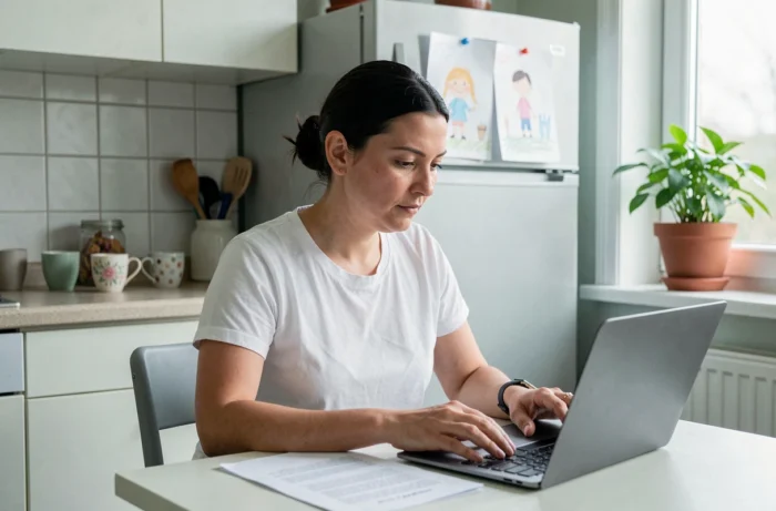 Mère célibataire concentrée sur ses papiers dans une cuisine modeste, évoquant la charge mentale et les responsabilités parentales solitaires