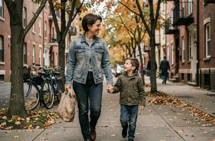 Mère célibataire et son fils marchant ensemble dans un quartier urbain en automne, symbolisant la résilience familiale et l'accompagnement parental