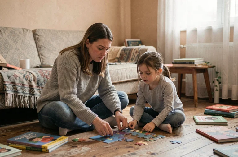 Mère célibataire et sa fille jouant ensemble sur le sol d'un salon chaleureux, illustrant le lien affectif et le développement de l'enfant