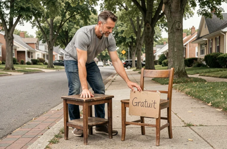Homme déposant des meubles gratuits sur le trottoir avec un panneau fait main dans un quartier résidentiel