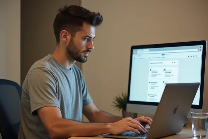 Homme concentré réalisant des micro-tâches en ligne sur un ordinateur portable avec une interface de plateforme de travail visible à l'écran