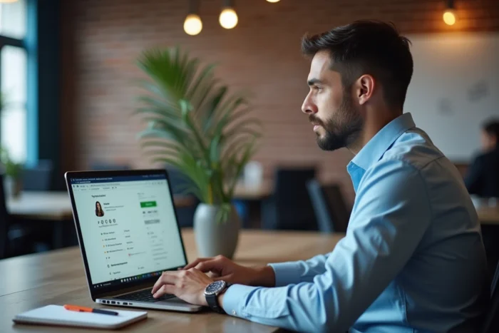 Homme travaillant sur sa page de freelance sur un ordinateur portable dans un espace de coworking, illustrant les missions freelance sur Fiverr ou Malt