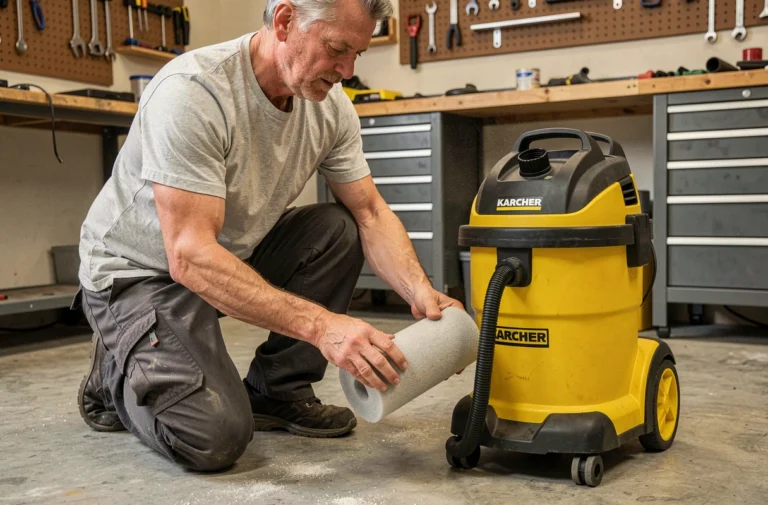 Homme retirant le filtre mousse d'un aspirateur Karcher WD4 dans un garage atelier