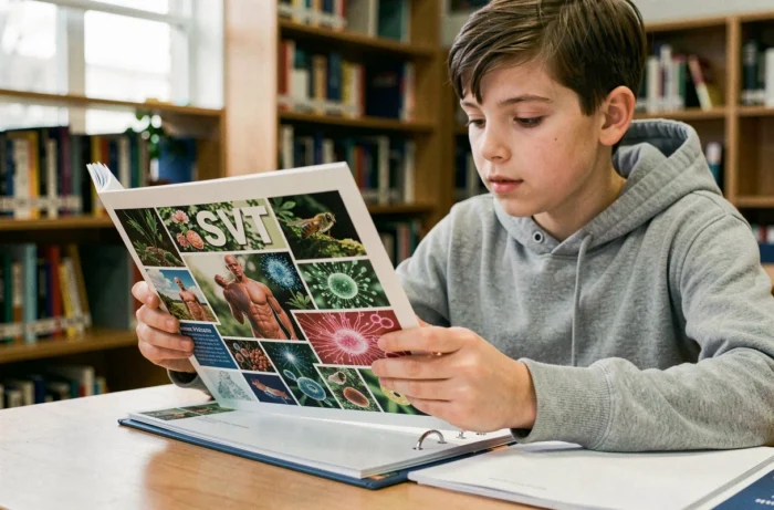 Jeune collégien feuilletant un classeur avec une page de garde SVT colorée dans une bibliothèque scolaire
