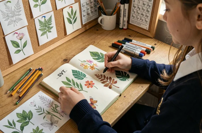 Adolescente décorant une page de garde SVT avec des illustrations botaniques et des pochoirs de feuilles sur un bureau en bois