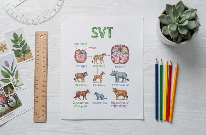 Flat-lay d'une page de garde SVT imprimée entourée de matériel scolaire, crayons et plante succulente sur un bureau blanc
