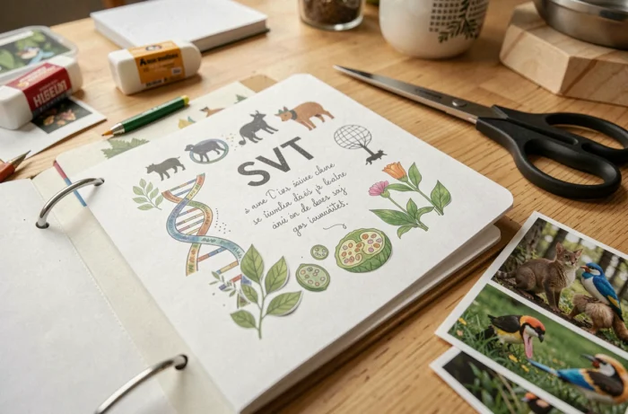 Gros plan d'une page de garde SVT creative avec dessins de cellules et ADN, entourée de matériel de découpage sur une table