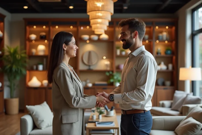 Deux professionnels se serrant la main dans un showroom de décoration intérieure lors d'un partenariat commercial
