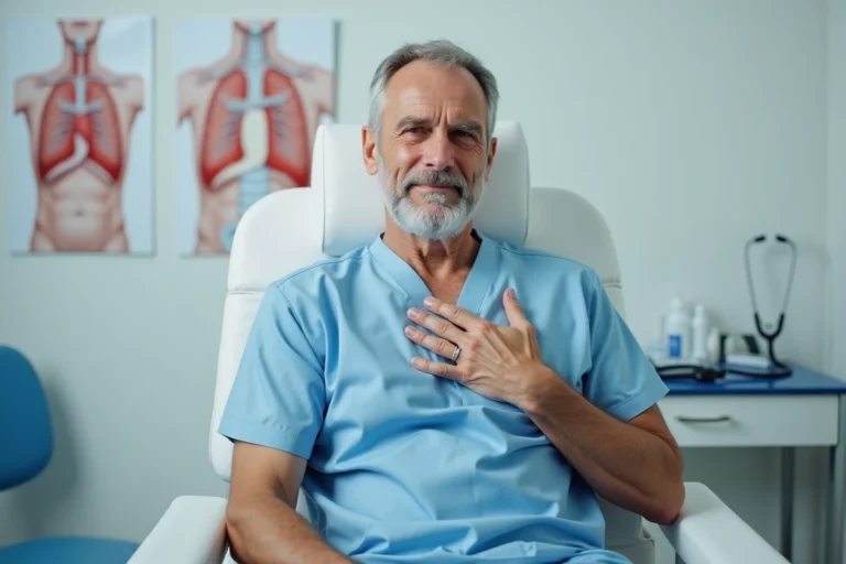 Patient homme d'âge moyen en consultation médicale tenant sa main sur le thorax droit, illustrant une douleur au niveau de la scissure azygos
