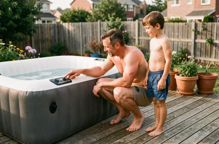Un père montre à son fils d'environ 10 ans les réglages d'un jacuzzi gonflable extérieur sur une terrasse en bois, scène éducative et familiale