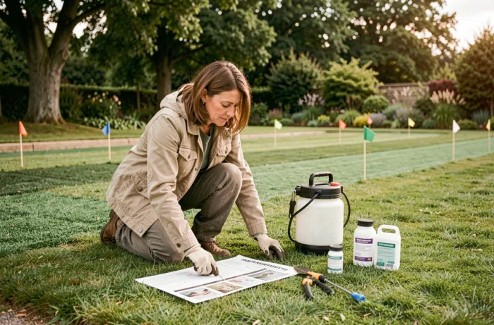 Femme jardinière planifiant un traitement sélectif du gazon avec un plan de traitement et des produits herbicides organisés sur la pelouse