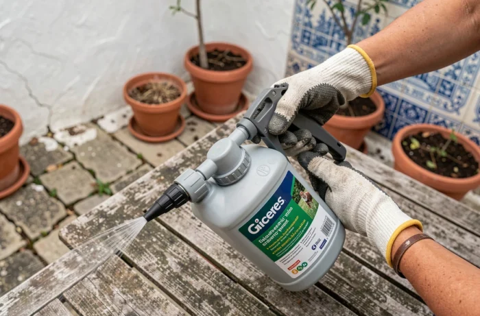 Mains gantées versant un désherbant glyphosate liquide dans un pulvérisateur manuel sur une table de jardin portugaise en bois patiné
