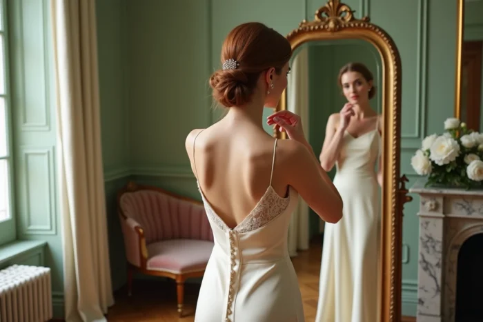 Mariée en robe de satin champagne se préparant devant un miroir ornementé dans une chambre élégante de style haussmannien