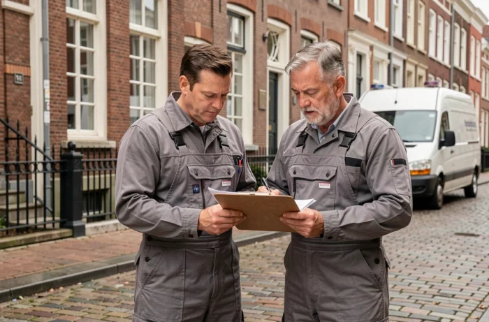 Deux professionnels du chauffage consultant des documents devant une maison de ville bruxelloise