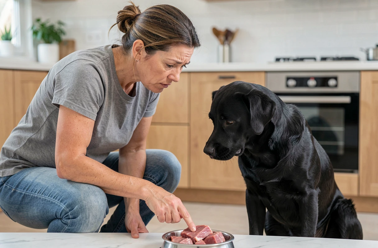 Femme observant son labrador noir qui refuse de manger sa gamelle avec de la viande potentiellement avariée
