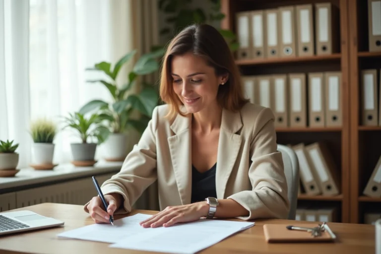 Propriétaire sereine relisant un contrat de location à son bureau à domicile, stylo en main, dans une atmosphère organisée et apaisante