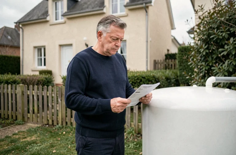 Propriétaire français examinant une facture de fioul domestique devant sa cuve à mazout dans son jardin