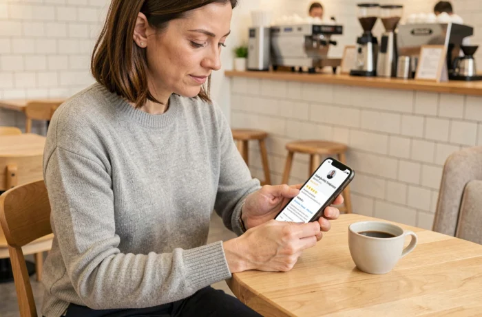Propriétaire de petite entreprise consultant un annuaire professionnel en ligne sur smartphone dans un café moderne