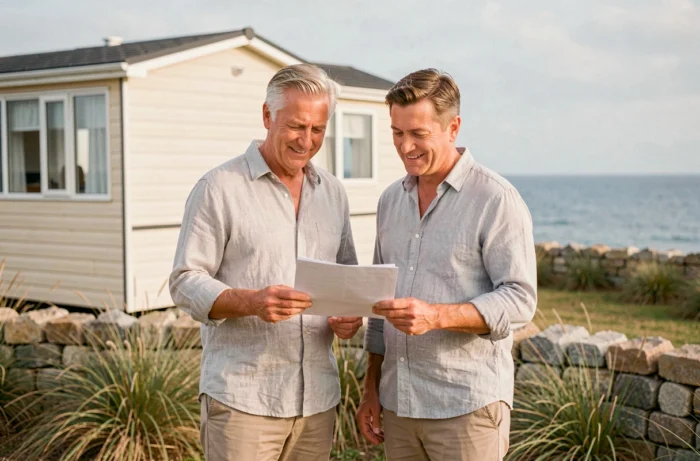 Couple de propriétaires examinant un document de vente devant un mobil-home sur terrain en bord de mer