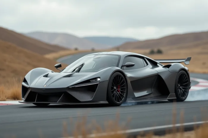 Prototype de voiture de sport en plein virage sur un circuit d'essai entouré de collines et de ciel nuageux