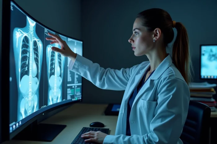 Radiologue femme analysant un scanner thoracique montrant les scissures pulmonaires et la région de la veine azygos sur écran médical
