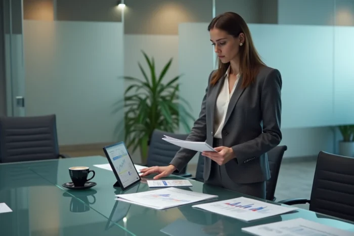 Femme comptable consultant une interface de rapprochement bancaire sur tablette avec des documents financiers sur table de réunion