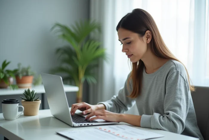 Femme rédigeant un avis en ligne et remplissant un questionnaire d'étude depuis son bureau à domicile, illustrant la participation rémunérée à des études en ligne