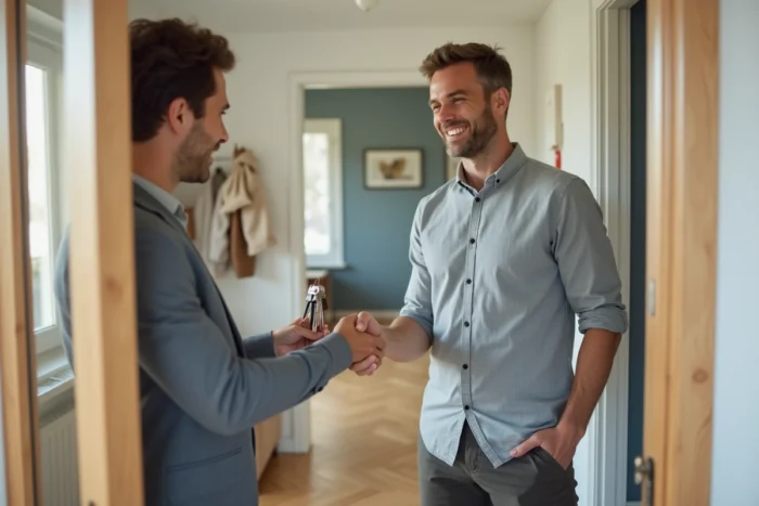 Propriétaire remettant les clés d'un appartement à un locataire souriant lors d'une entrée dans les lieux sereine et professionnelle