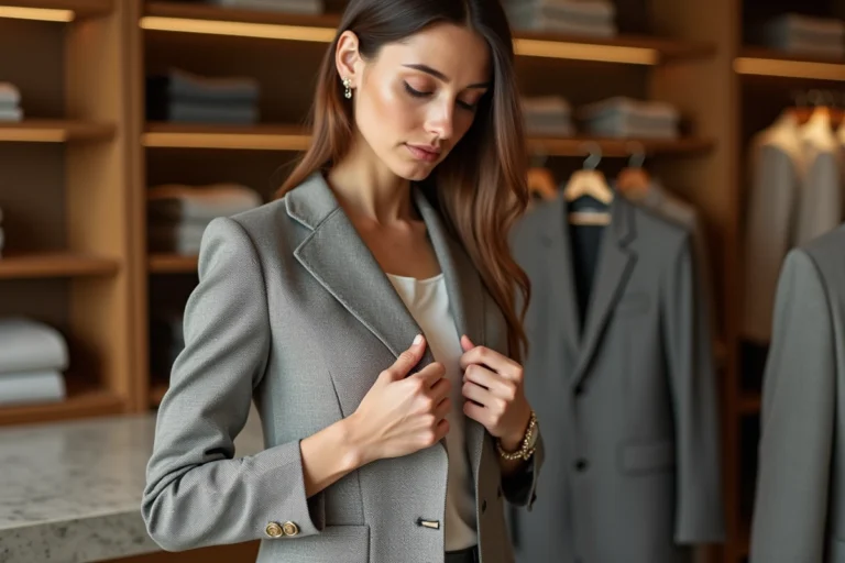 Femme inspectant la qualité des coutures d'un blazer dans une boutique de mode haut de gamme
