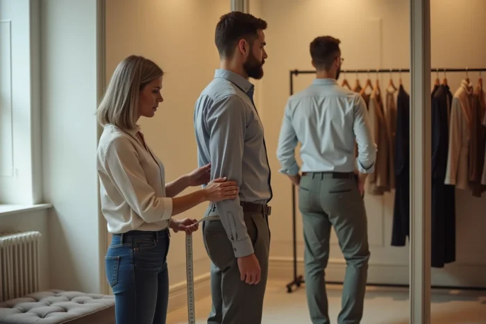 Spécialiste en retouches prenant les mesures d'un pantalon sur un client dans une cabine d'essayage de boutique