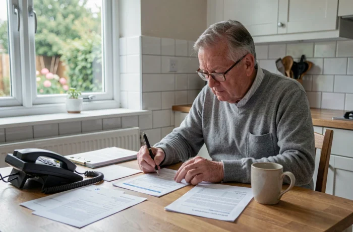 Un homme retraité remplissant des formulaires administratifs pour sa retraite à domicile