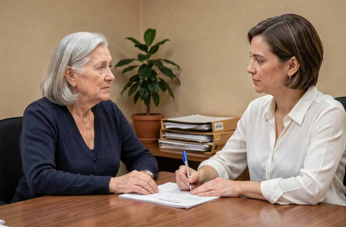Une retraitée en entretien avec une assistante sociale dans un bureau administratif chaleureux