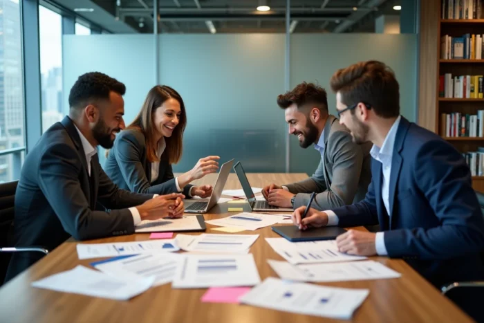 Équipe professionnelle en réunion stratégique autour d'une table de conférence pour planifier la croissance d'une entreprise en 2024