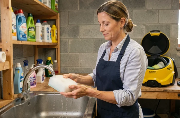 Femme rinçant le filtre mousse de l'aspirateur Karcher WD4 sous l'eau courante dans un atelier
