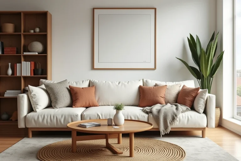 Salon scandinave élégamment décoré avec canapé en lin crème, tapis jute et plantes vertes pour un intérieur moderne et chaleureux